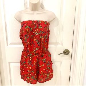 Red floral print strapless romper